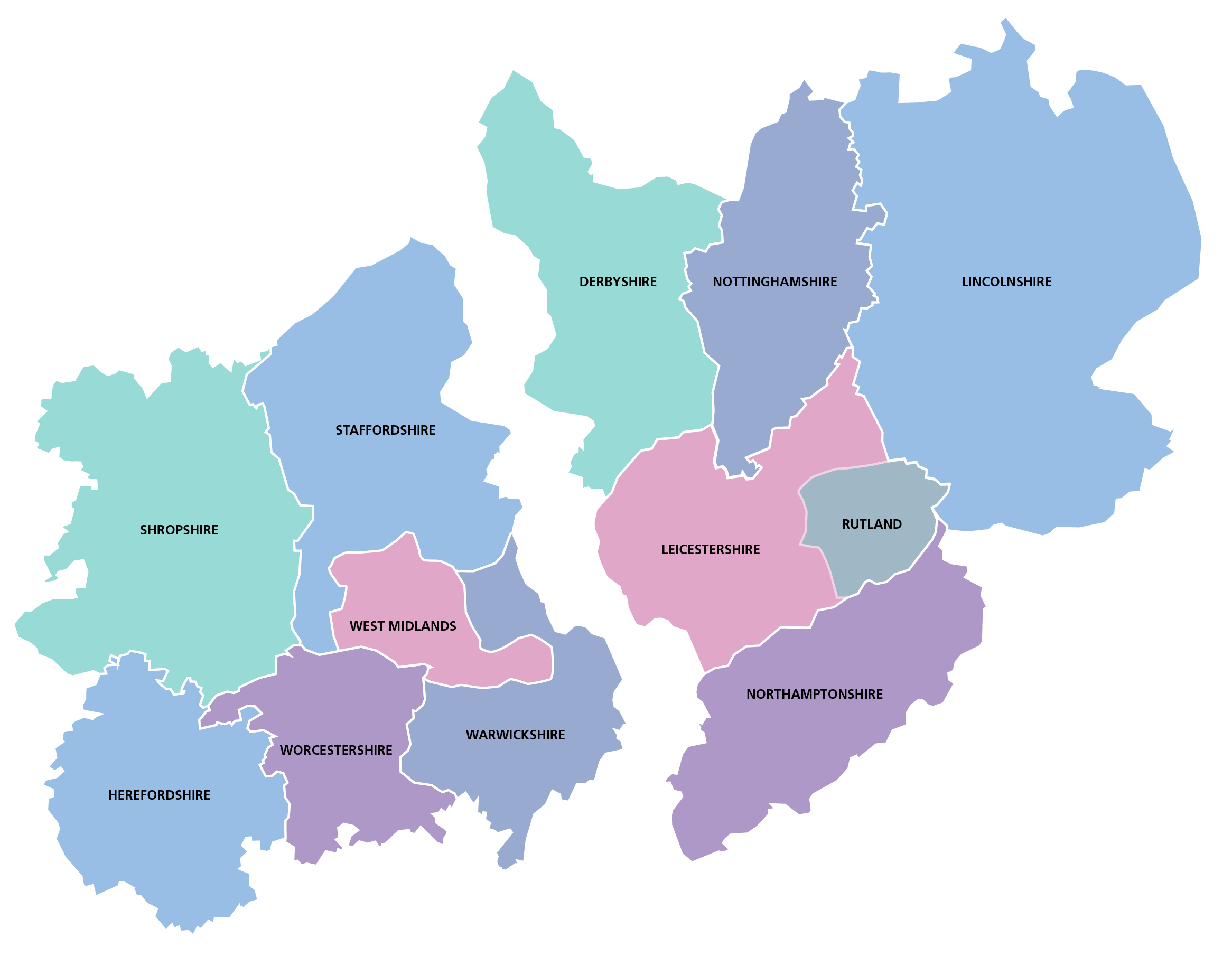 Map of the Midlands showing Shropshire, Staffordshire, West Midlands, Warwickshire, Worcestershire and Herefordshire in the West and Derbyshire, Nottinghamshire, Lincolnshire, Rutland, Northamptonshire and Leicestershire in the East