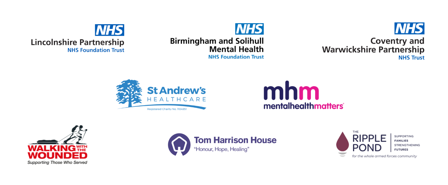Logos for Midlands Op COURAGE delivery partners: Lincolnshire Partnership NHS Foundation Trust, Birmingham and Solihull Mental Health NHS Foundation Trust, Coventry and Warwickshire Partnership NHS Trust, St Andrew's Healthcare, Walking With The Wounded, The Ripple Pond, Tom Harrison House and Mental Health Matters.